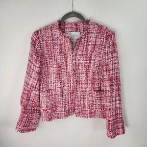 Walter Brand Blazer Womens 6 Tweed Boucle Jacket Raw Edge Hem Red Pink White